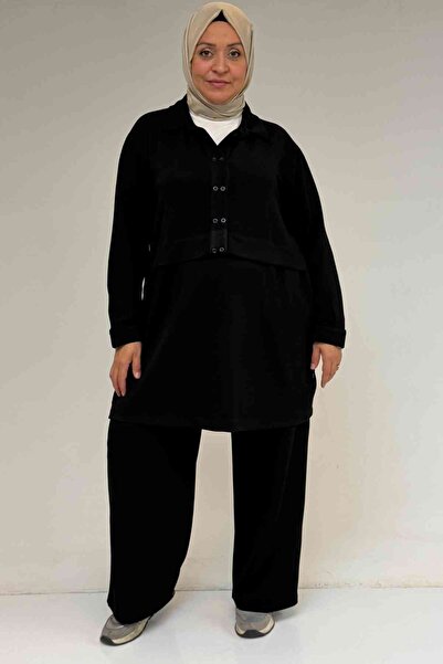 Eslina 57038 Plus Size Men's Collar Button Detailed Modal Pants Suit - Black