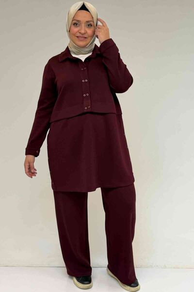 Eslina 57038 Plus Size Men's Collar Button Detailed Modal Trouser Suit - Burgundy