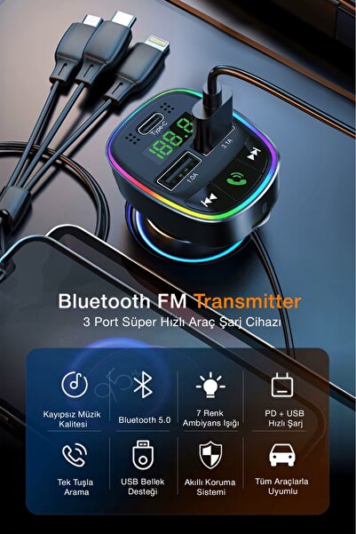 Kensa Bluetooth FM Transmitter – 3 USB Portlu Süper Hızlı Araç Şarj Cihazı