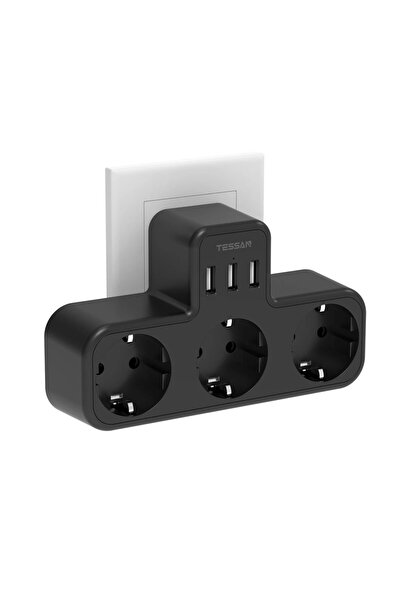 Choice موزع طاقة تيسان TS-323-BK مزود بقابس أوروبي، يحتوي على 3 منافذ تيار مت...