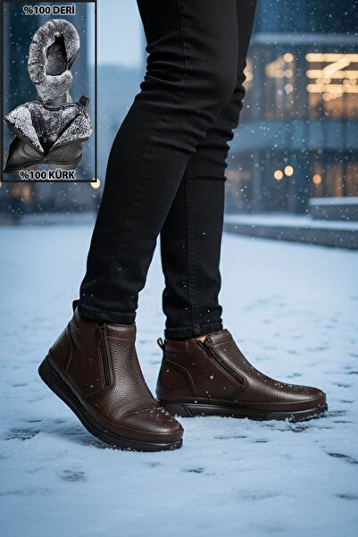 SİHİRLİ AYAKKABI +9 CM Boy Uzatan Gizli Topuk Kahve Çift Fermuarlı İçi Kürklü...