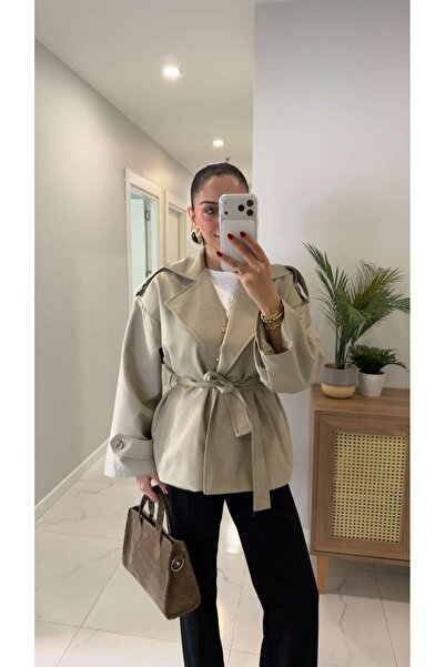 BİRCANÇİL Beca Light Khaki Belted Short Premium Trench Coat