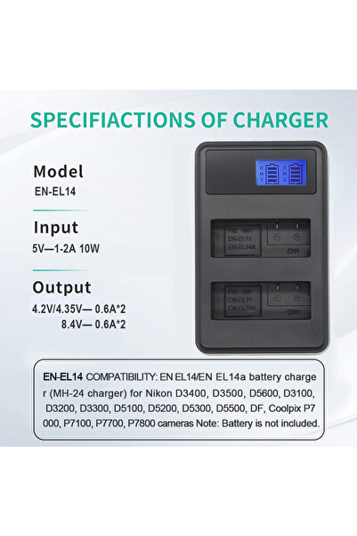 Choice شاحن بطارية كاميرا EN-EL14 EN-EL14 لكاميرات نيكون D5200 D5300 D5500 D5...
