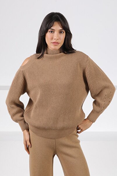Ferraro Camel Long Sleeve Off-Shoulder Cashmere Women's Knitwear Sweater