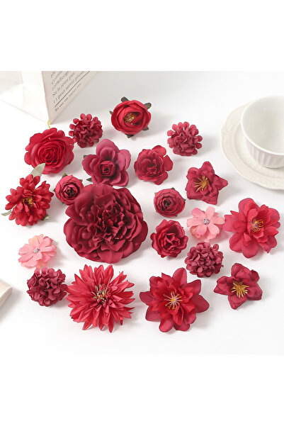 Choice 21 قطعة من الزهور الاصطناعية المصنوعة من الحرير باللون الأحمر، زهور وه...