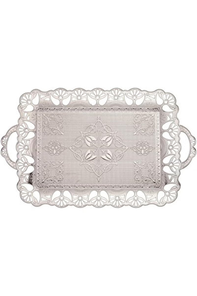 Generic Handmade Large Silver-Colored Copper Serving Tray for Six – Authentic Ottoman Design, Made in Turkey