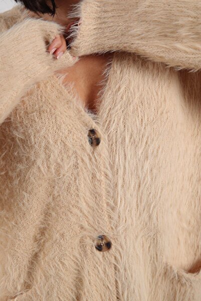 Ferraro Camel Buttoned Cashmere and Wool Blend Oversized Women's Knitwear Cardigan