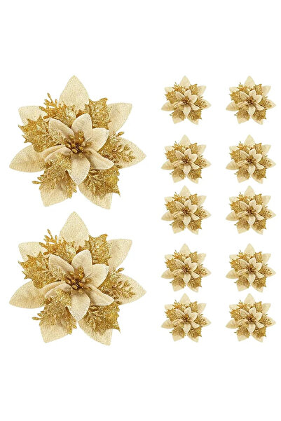 Choice 10 قطع من زهور البونسيتة الذهبية اللامعة بطول 14 سم، زهور صناعية لعيد ...