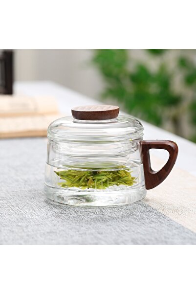 Choice كوب شاي شفاف مقاوم للحرارة سعة 200 مل مع فلتر ومقبض خشبي وقاعدة للمكتب