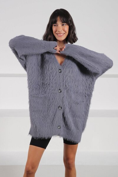 Ferraro A.Grey Buttoned Cashmere and Wool Blend Oversized Women's Knitwear Cardigan