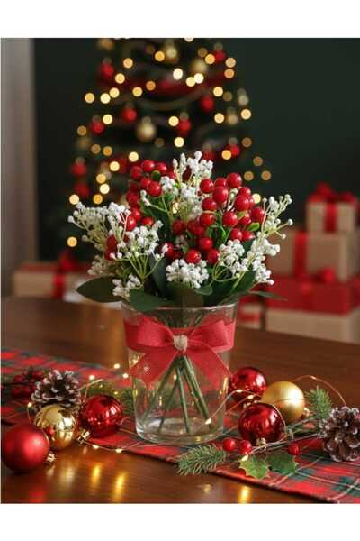 ENRUFLORA Yapay İri Taneli Cipsolu Kırmızı Kokina Ev Vazo Dekor Vazo Süs Yılb...