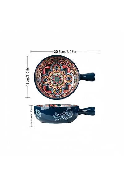 Choice 5.8 inch 8.05in KW blue Hand-painted relief pattern salad bowl with handle, pasta bowl, kitchen baki