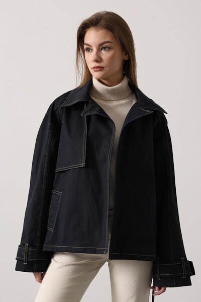 VAGGON Lined Washed Denim Jacket with Belt Ties