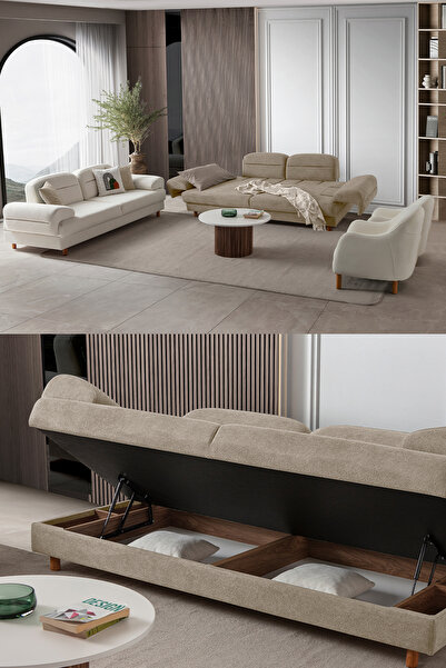 Eymense Lizbon Yataklı Sandıklı Koltuk Takımı 3+3+1+1 Sütlü Kahve