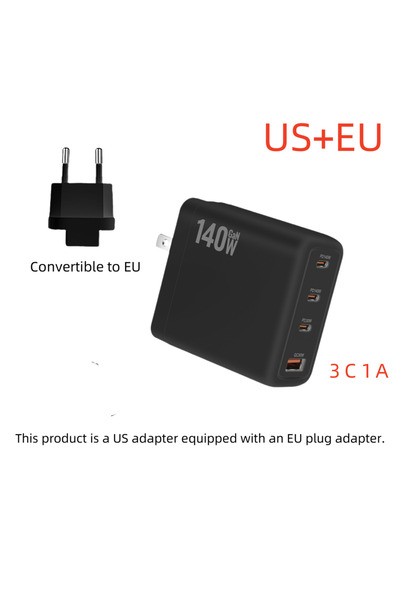 Choice شاحن GaN جديد متعدد المنافذ بقوة 140 وات PD3.1 3C1A فائق السرعة، رأس شحن صغير محمول من الولايات المتحدة والاتحاد الأوروبي والأسود