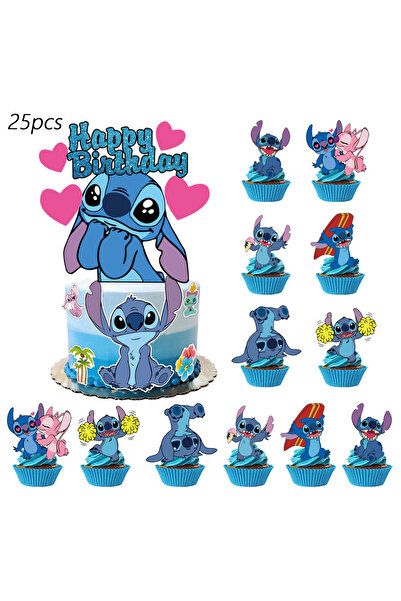 Miniso 25pcs Stitch Cake Topper、Cupcake Toppers，Stitch Birthday Decorations，Stitch Theme Party Supplies, St