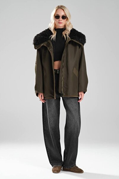 tw3 Palton pentru femei cu guler din blană, căptușit cu pluș, cu design imper...