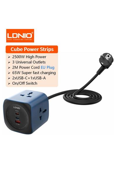Choice شريط طاقة EU LDNIO Cube 3 منافذ عالمية مع 65 واط 3 منافذ USB 2500 واط حماية من زيادة التيار 2 متر المملكة المتحدة/الاتحاد الأوروبي/الولايات المتحدة