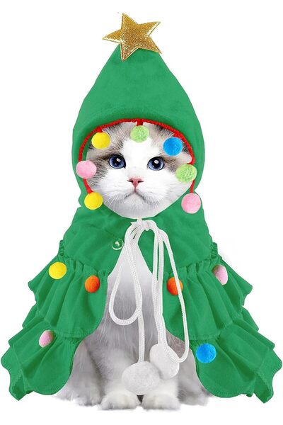 Choice زي قطة أخضر لعيد الميلاد مقاس واحد، عباءة خضراء للحيوانات الأليفة مع ق...