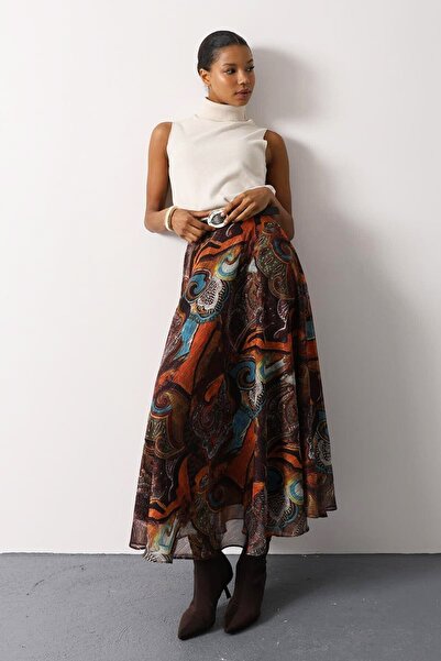 VAGGON Women's Multi Ethnic Patterned Zipper Closure Belted Skirt Vs01697