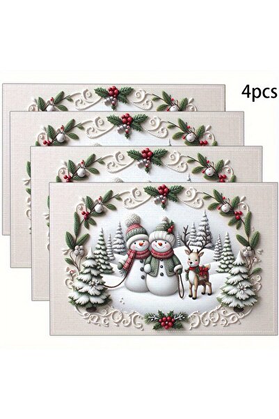 Choice 4pcs 30X40cm 1 4-Pack Christmas Theme Linen Table Mats -Placemats with Snowman and Deer Design,Heat-