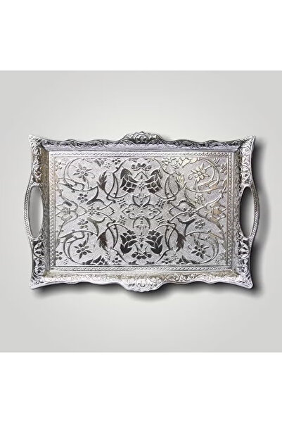Generic Handmade Medium Silver-Colored Copper Serving Tray for Four – Authentic Design, Made in Turkey