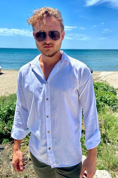 Genel Markalar Beyaz Erkek Oversize Bol Kalıp Keten Karışımlı Gömlek Yaka Gömlek