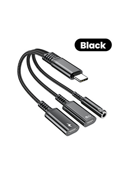 Choice 13 سم أسود 1 قطعة PD 60 واط من النوع C إلى النوع C المزدوج 3.5 مم محول سماعة الرأس والشاحن 3 في 1 USB C إلى AUX