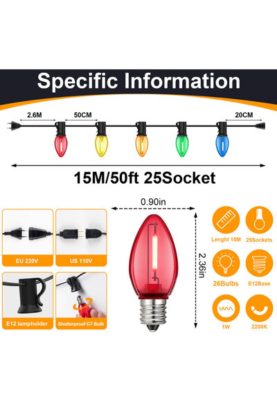 Choice 1 وات قابس الاتحاد الأوروبي 49 قدمًا (15 مترًا) 25 مصباحًا ملونًا C7 سلسلة ضوء 220 فولت الاتحاد الأوروبي 110 فولت الولايات المتحدة شارع جارلاندت E12 بلاستيك Sha