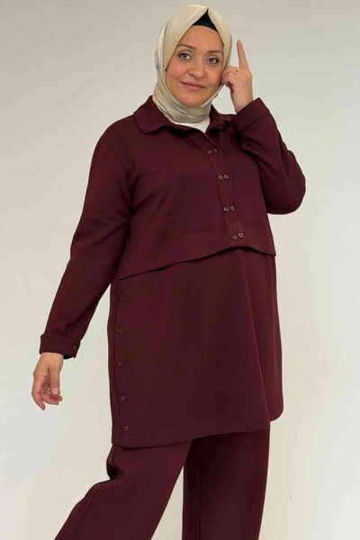 Eslina 57038 Plus Size Men's Collar Button Detailed Modal Trouser Suit - Burgundy