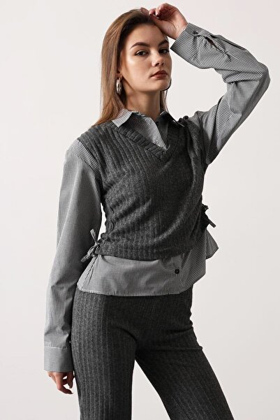 VAGGON Women's Anthracite Shirt Detailed Gathered Blouse and Elastic Waist Trousers Knitwear Set Vs01701