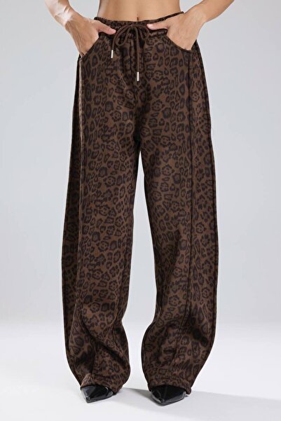 tw3 Kadın Leopar Süet Kumaş Beli Lastikli Tasarım Pantolon