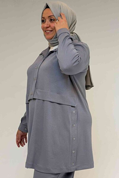 Eslina 57038 Plus Size Men's Collar Button Detailed Modal Trouser Suit - Gray