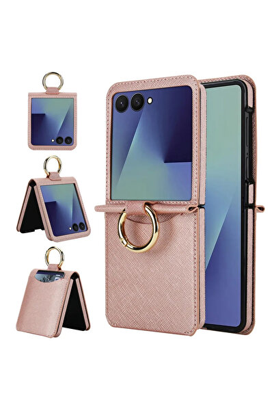 Choice جراب هاتف من الجلد باللون الذهبي الوردي مزود بفتحة للبطاقات مع حامل حل...