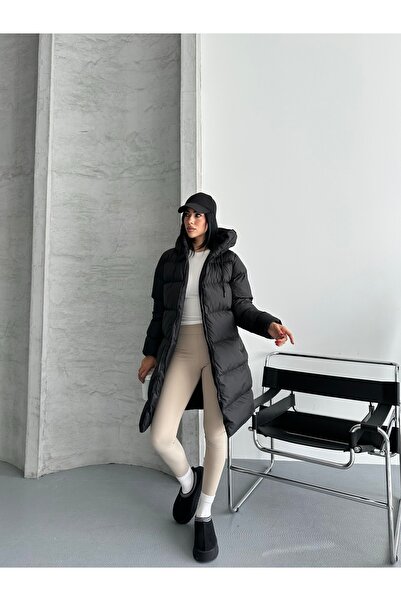 Fashionbox Women's Gel Padding Hooded Zipper Long Puffer Coat 25333