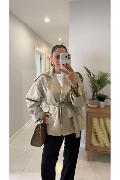 BİRCANÇİL Beca Light Khaki Belted Short Premium Trench Coat