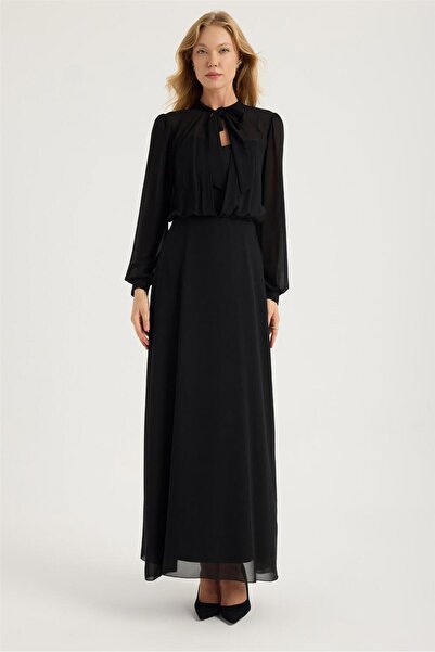 HomeStore Uzun Tül Giydirme Bağlı Dik Yaka Elbise