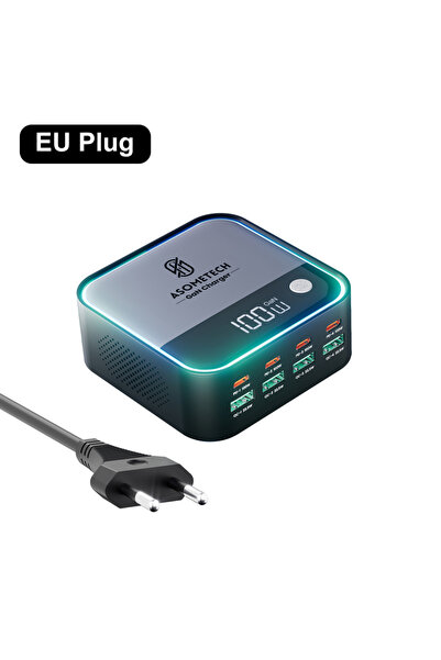 Choice شاحن GaN بمقبس الاتحاد الأوروبي و8 منافذ وإضاءة جو وشاشة رقمية وسطح مك...