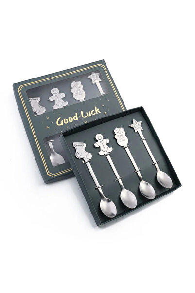 Choice Gift Box C-silver 4Pcs Christmas Dessert Spoon Set with Gift Box Stainless Steel Gingerbread Man Car