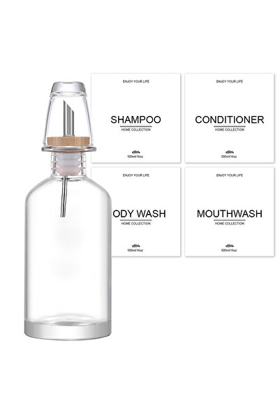 Choice موزع غسول الفم الشفاف للحمام سعة 300 مل مع فوهة صب من الخيزران والفولاذ المقاوم للصدأ، وكوب غسول الفم