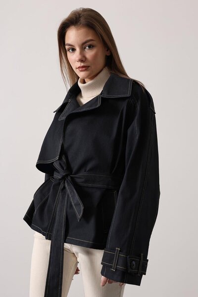 VAGGON Lined Washed Denim Jacket with Belt Ties