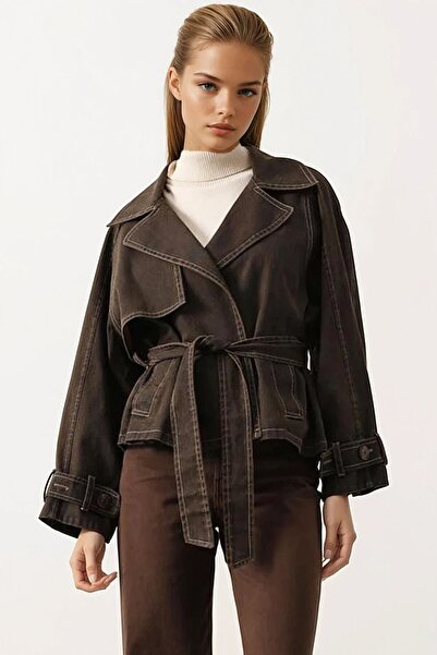 VAGGON Lined Washed Denim Jacket with Belt Ties