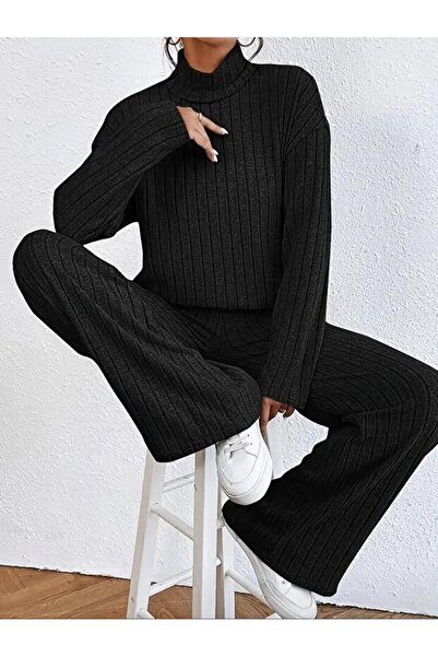 mor butik Black Turtleneck High Waist Loose Palazzo Pants Two-Piece Set Daily Comfortable Knitted Knitwear