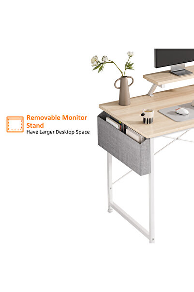 Bojasmiial Ergonomic Computer Desk Table with Storage Bag & Monitor Stand for Home Office, Study, Gaming