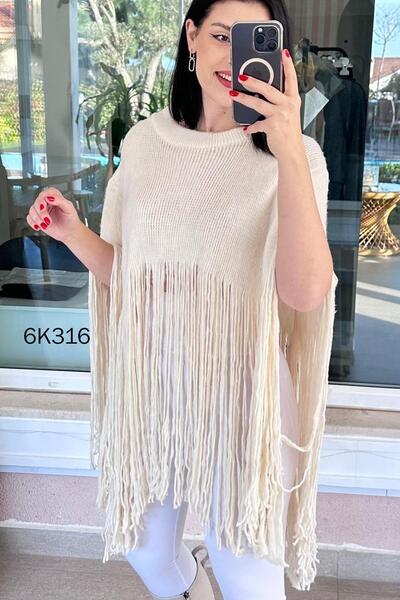 İnce Topuk Crew Neck Tasseled Knitwear Poncho 6K316