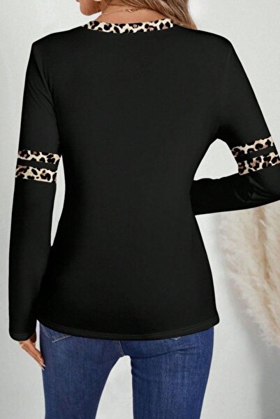 Mossta Μπλούζα με λεοπάρ λεπτομέρεια με λαιμόκοψη σε σχήμα V από βισκόζη με δύο κλωστές - Μαύρο