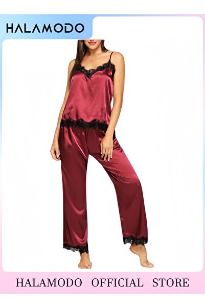 HALAMODO Women Silk Satin Pajamas Sleeveless Pjs Set 2 Piece Summer Loungewear Sleepwear