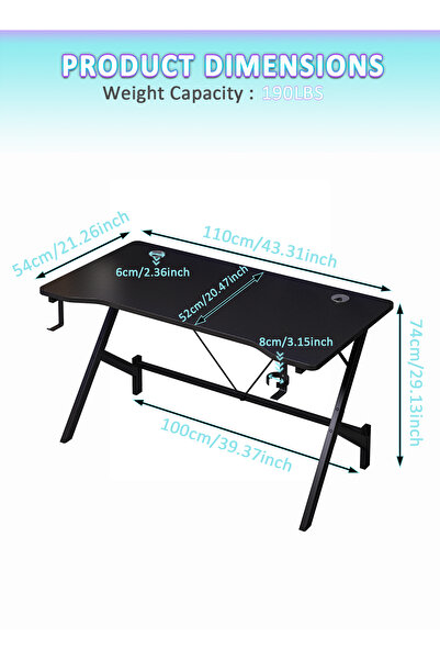 Bojasmiial Ergonomic Gaming Desk with Headphone Hook & Cup Holder, Easy Assembly for Gamers & Students