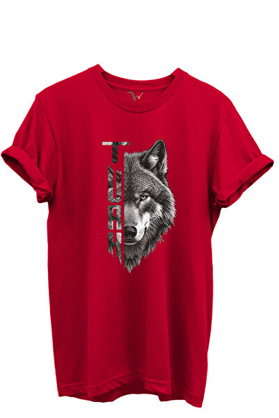 WİDİ Half Wolf Half Turkish Text Design Printed 100% Cotton T-Shirt