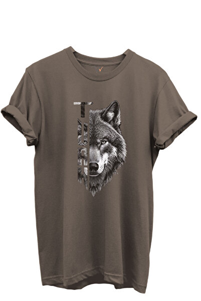 WİDİ Half Wolf Half Turkish Text Design Printed 100% Cotton T-Shirt
